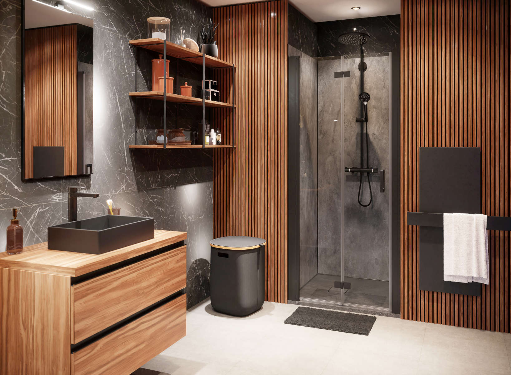 Photo d'ambiance d'un espace de douche Vinova composé d'une paroi CI PIR/L avec un receveur de dimension 90x90 et un montage en niche